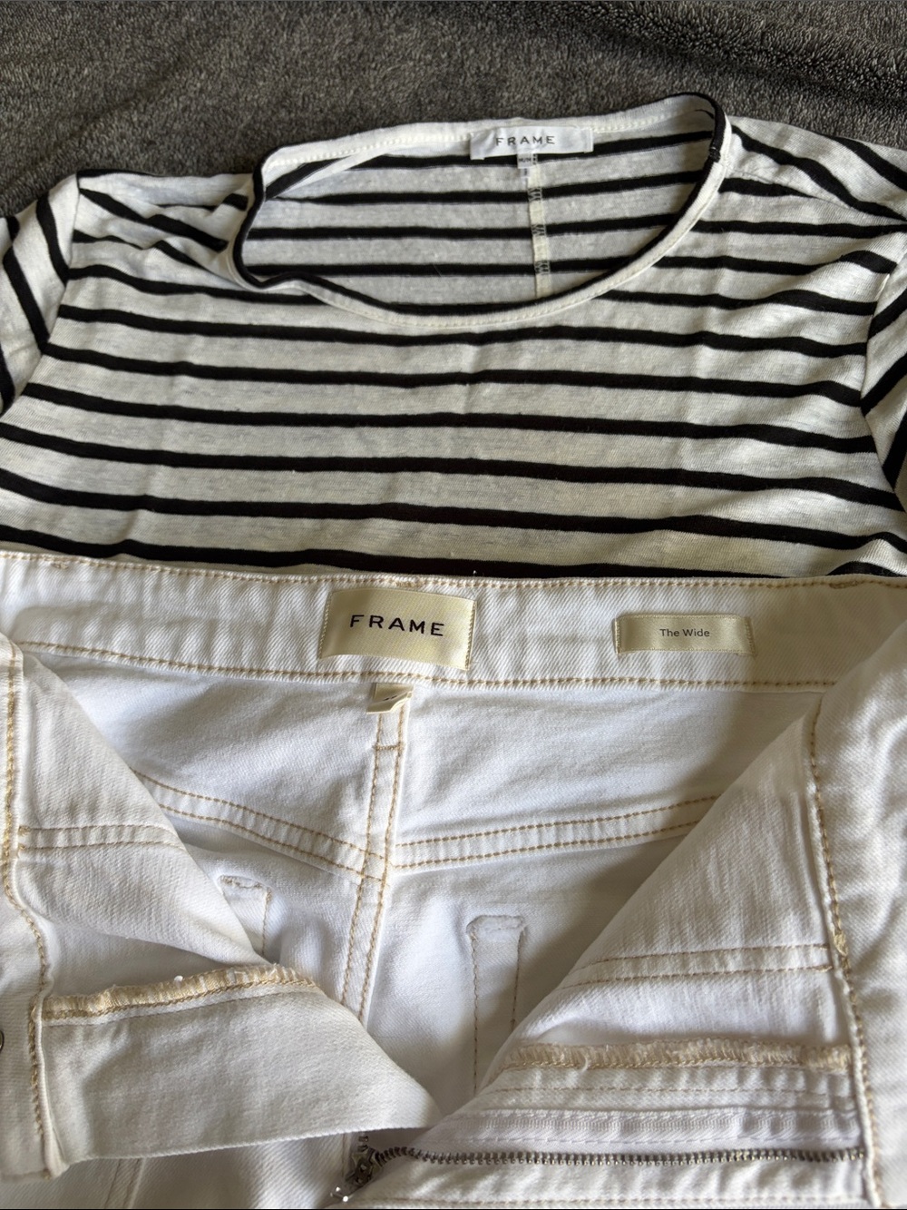 Frame stripped tshirt size M with Frame wide leg jeans size 27. Newer worn